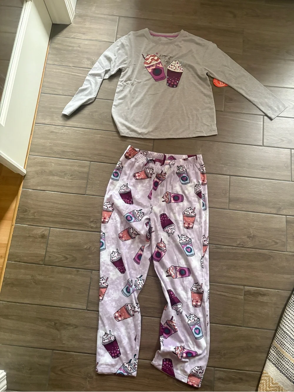 Girls Grey Top with Purple & Pink Beverage-Print Pajama Set